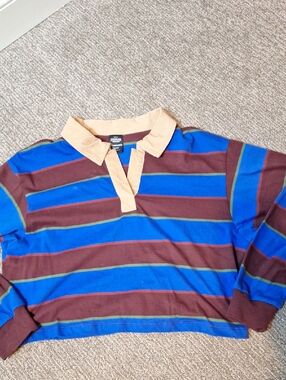 Womens Striped Rugby Shirt with Tan Collar - Blue & Maroon - Stranger Things
